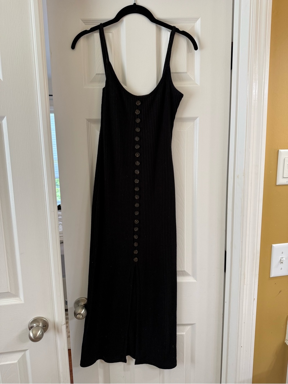 Classic Black Button-Front Ribbed Maxi Dress